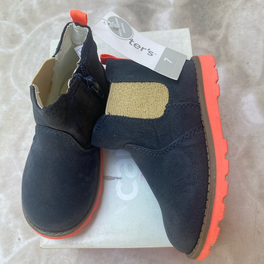 NEW Fashion Toddler Girls Carter's Navy Coral Gold Ankle Chelsea Boots Zipper